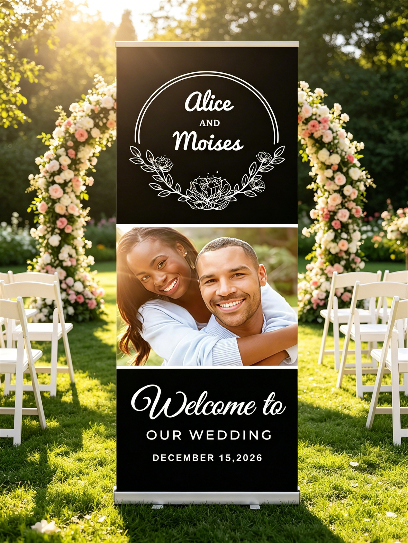Customized wedding retractable banners - personalized photo wedding welcome signs, reception decorations and background curtains